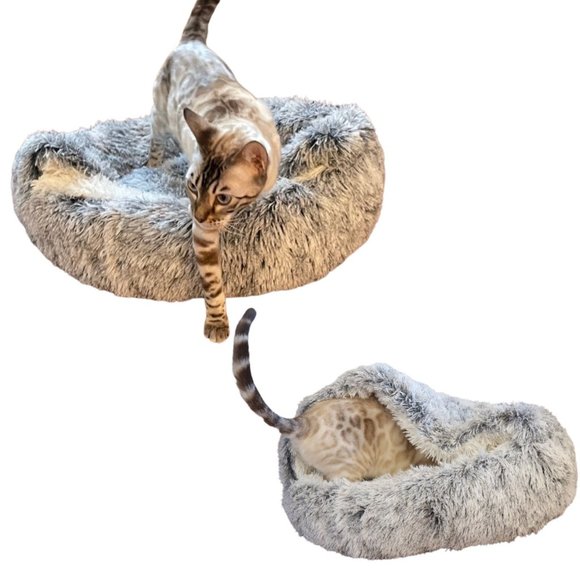 Hug Love Product | (Blue) 2 in 1 Round Donut Plush Cat Bed with Cover - Picture 2 of 4
